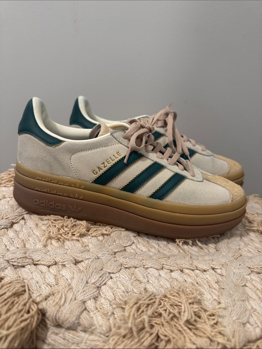 adidas Gazelle Women's Cream Suede Sneakers with Dark Green Stripes